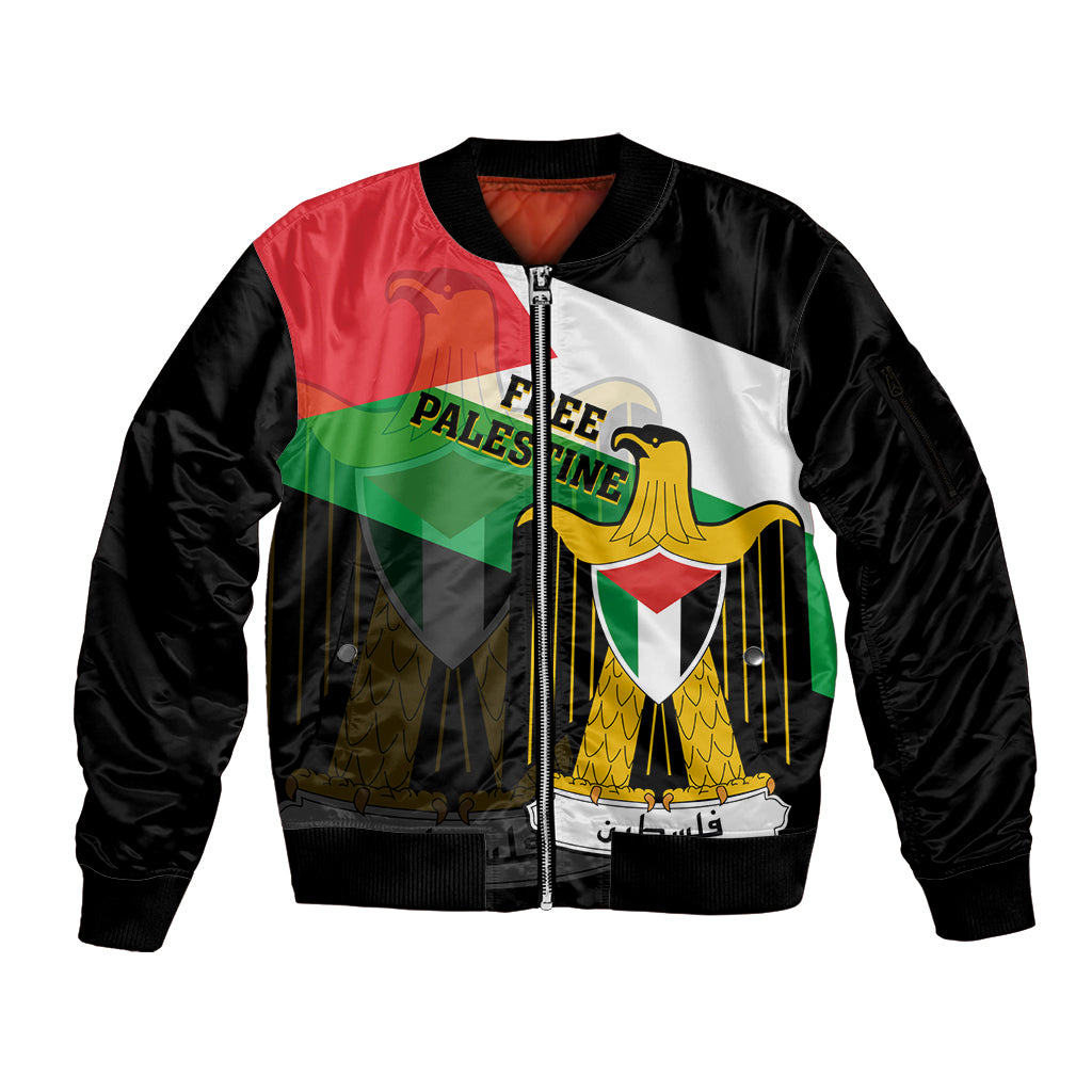 Free Palestine Sleeve Zip Bomber Jacket Coat Of Arms Mix Flag Style - Wonder Print Shop