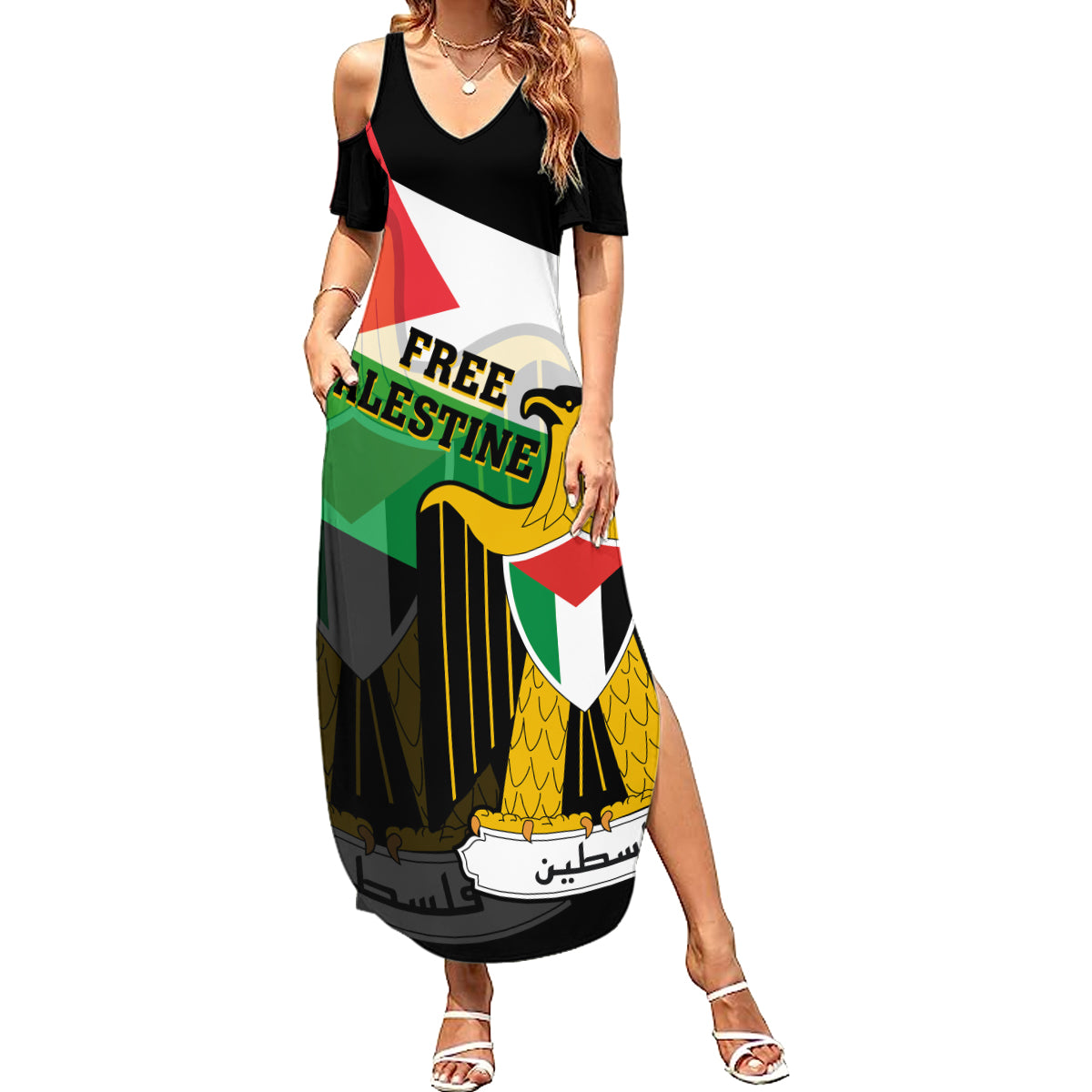 Free Palestine Summer Maxi Dress Coat Of Arms Mix Flag Style - Wonder Print Shop