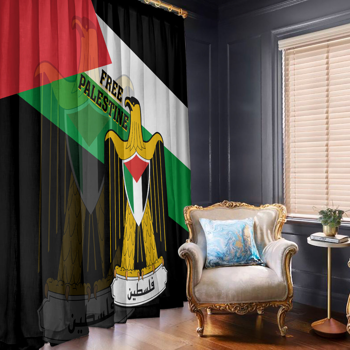 Free Palestine Window Curtain Coat Of Arms Mix Flag Style - Wonder Print Shop