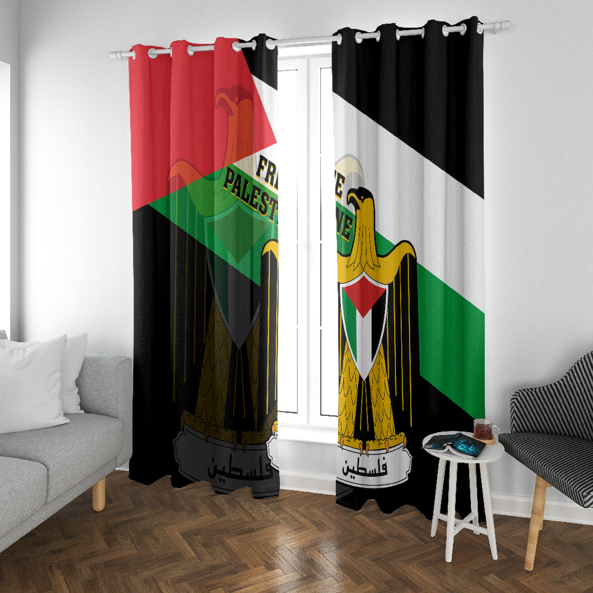 Free Palestine Window Curtain Coat Of Arms Mix Flag Style - Wonder Print Shop