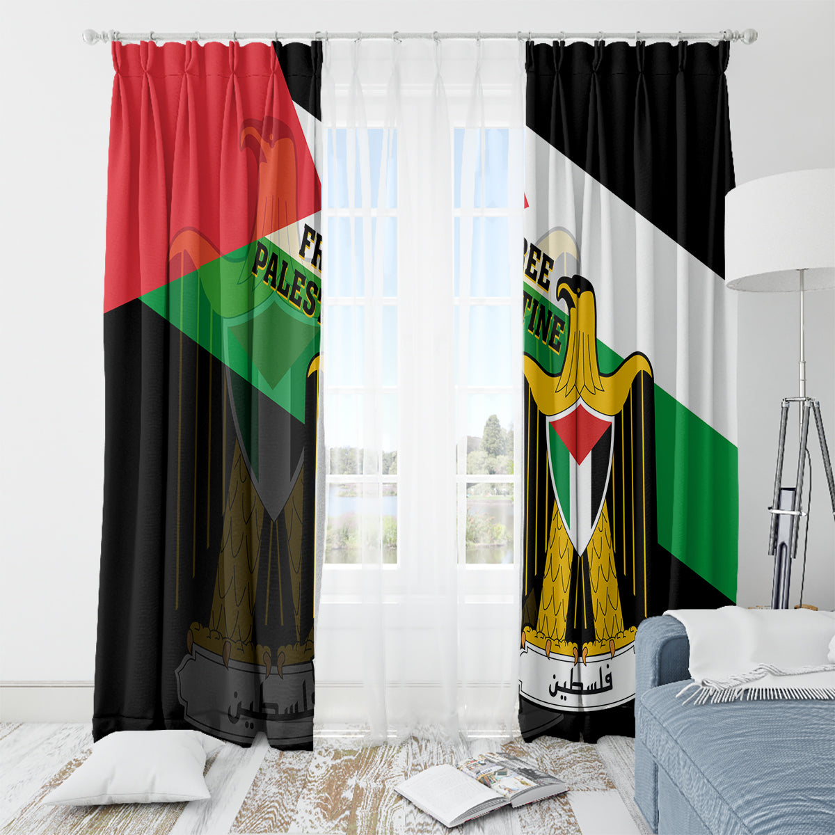 Free Palestine Window Curtain Coat Of Arms Mix Flag Style - Wonder Print Shop