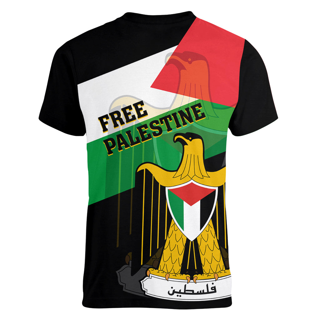 Free Palestine Women V Neck T Shirt Coat Of Arms Mix Flag Style - Wonder Print Shop