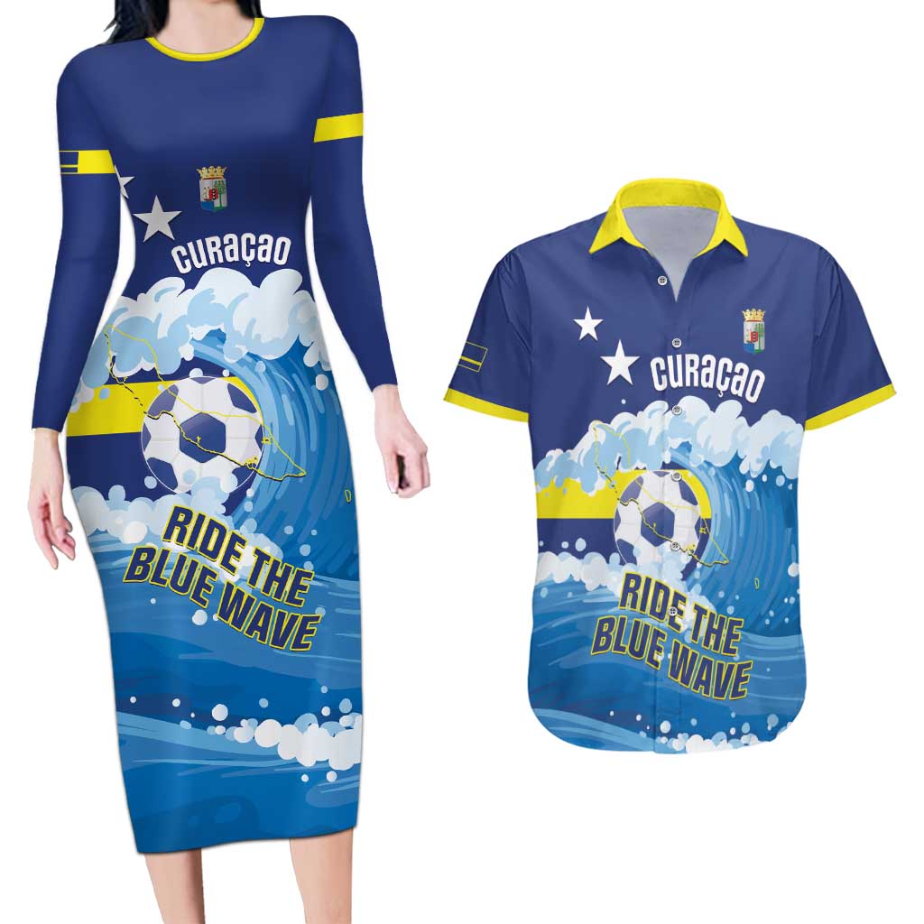 Personalized Curacao Football Couples Matching Long Sleeve Bodycon Dress and Hawaiian Shirt First-ever World Cup Ride The Blue Wave - Wonder Print Shop