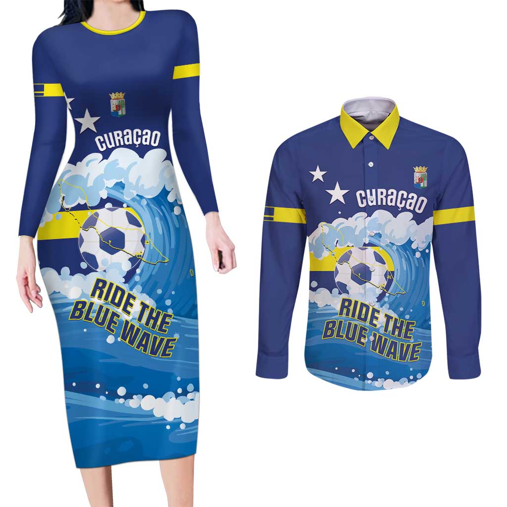 Personalized Curacao Football Couples Matching Long Sleeve Bodycon Dress and Long Sleeve Button Shirt First-ever World Cup Ride The Blue Wave - Wonder Print Shop