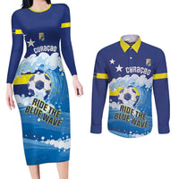 Personalized Curacao Football Couples Matching Long Sleeve Bodycon Dress and Long Sleeve Button Shirt First-ever World Cup Ride The Blue Wave - Wonder Print Shop