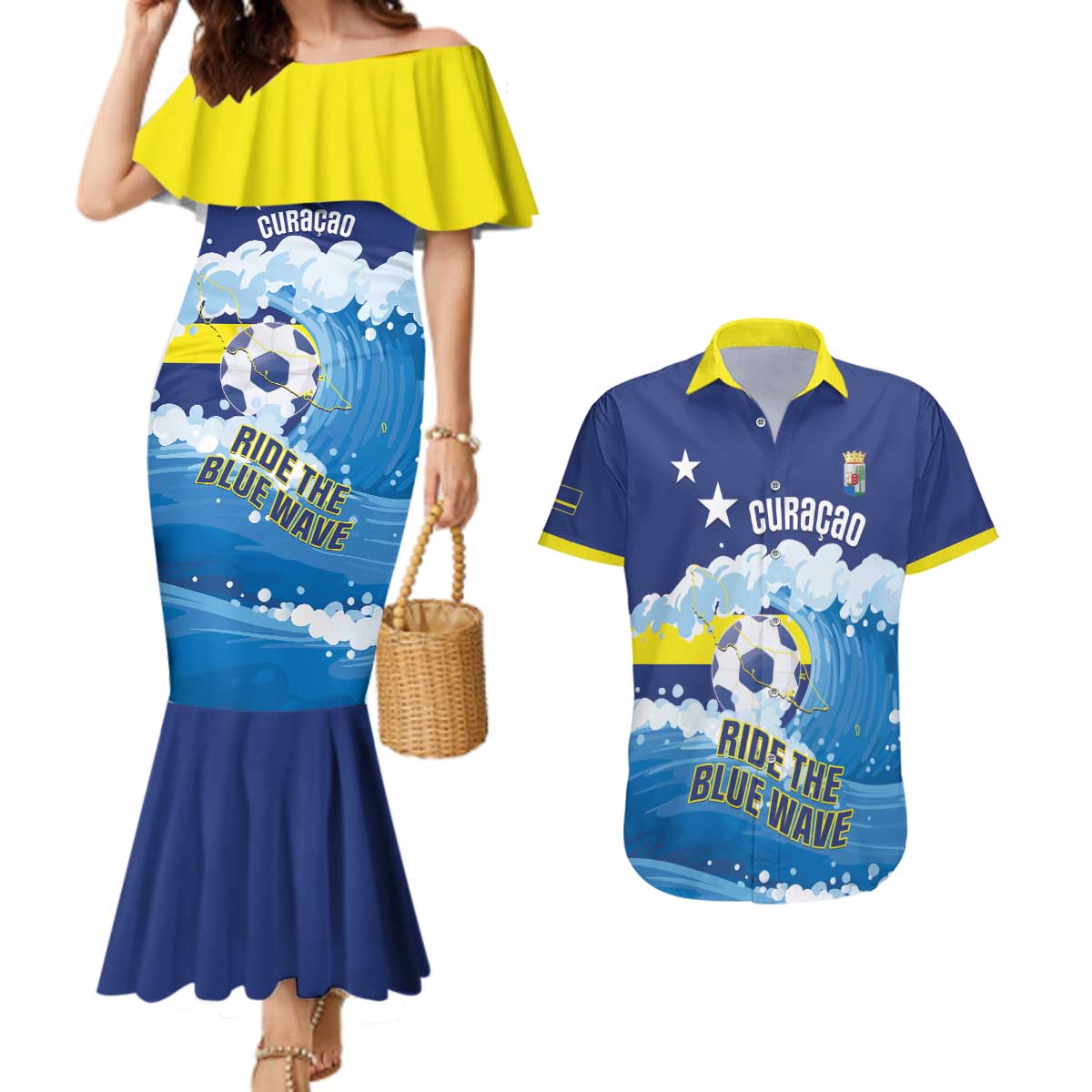 Personalized Curacao Football Couples Matching Mermaid Dress and Hawaiian Shirt First-ever World Cup Ride The Blue Wave - Wonder Print Shop