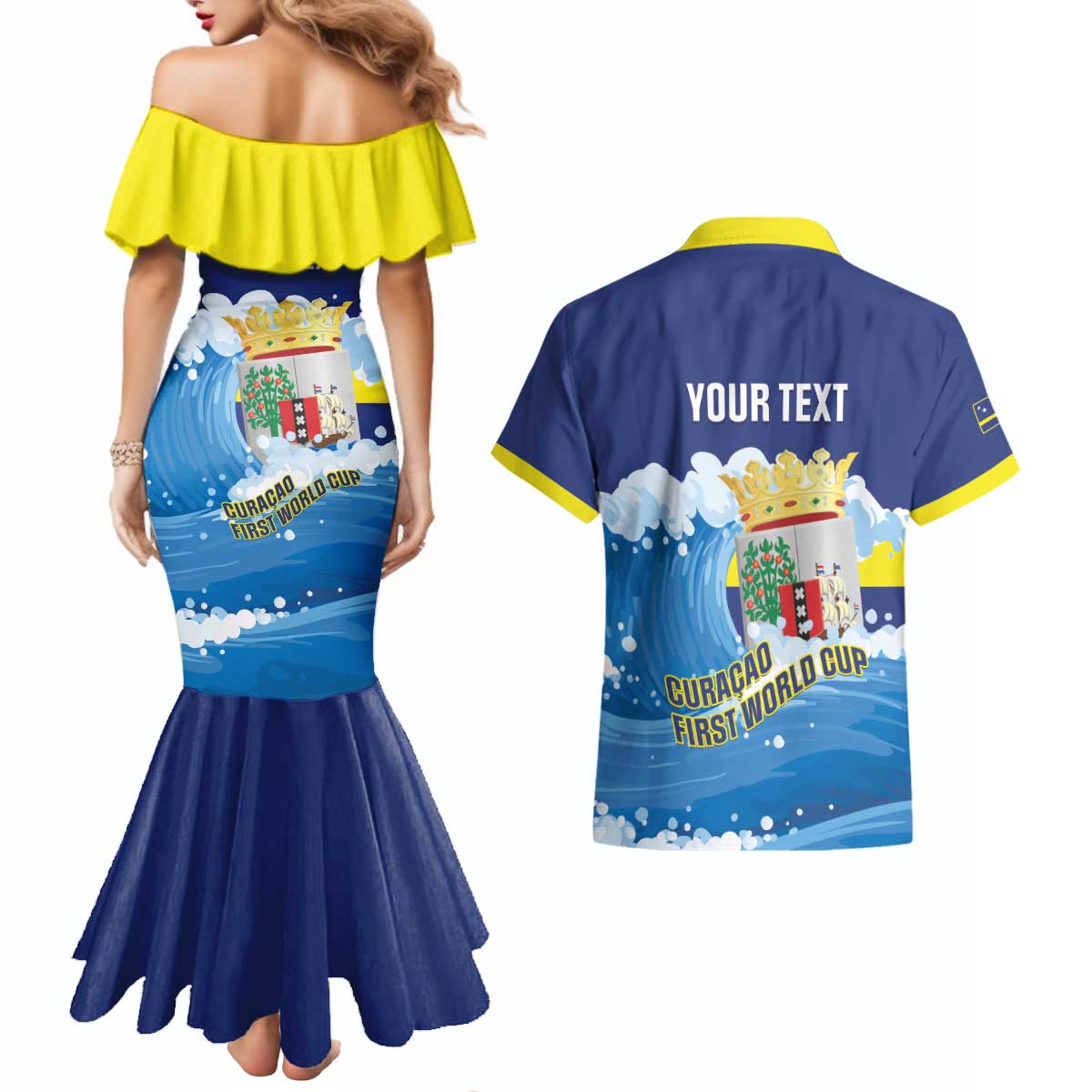 Personalized Curacao Football Couples Matching Mermaid Dress and Hawaiian Shirt First-ever World Cup Ride The Blue Wave - Wonder Print Shop