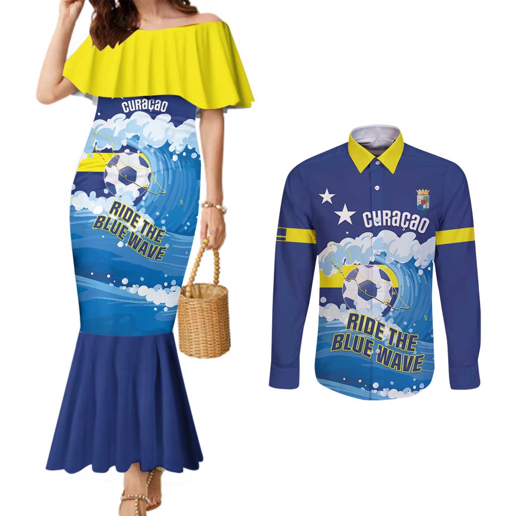 Personalized Curacao Football Couples Matching Mermaid Dress and Long Sleeve Button Shirt First-ever World Cup Ride The Blue Wave - Wonder Print Shop