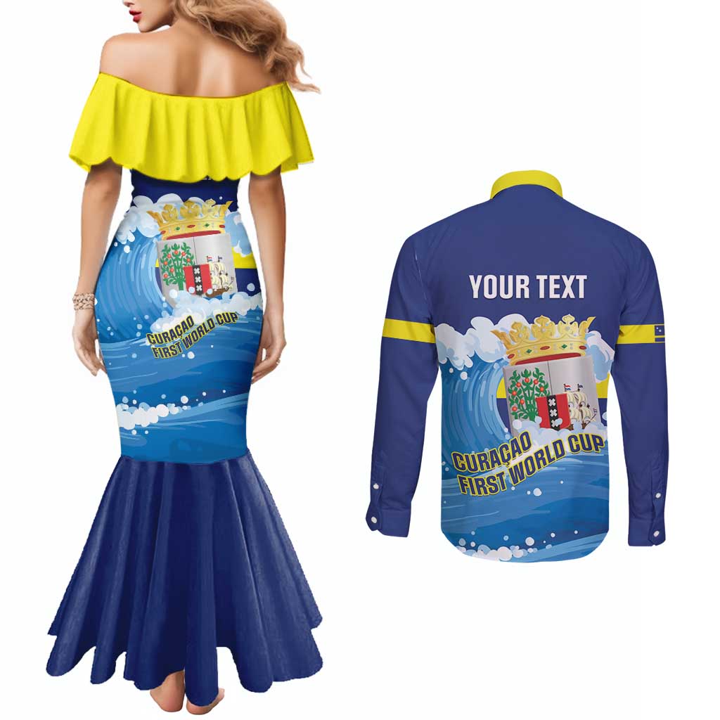 Personalized Curacao Football Couples Matching Mermaid Dress and Long Sleeve Button Shirt First-ever World Cup Ride The Blue Wave - Wonder Print Shop