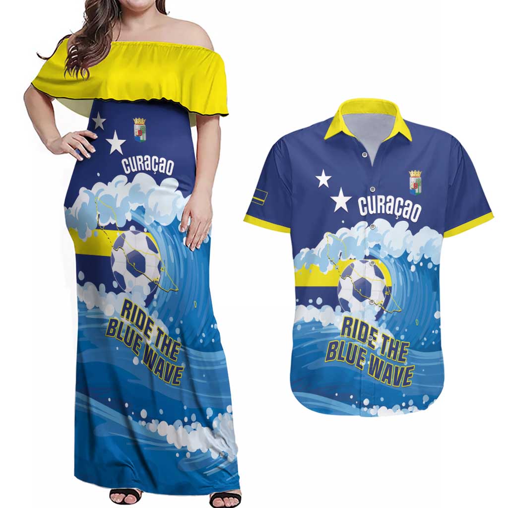Personalized Curacao Football Couples Matching Off Shoulder Maxi Dress and Hawaiian Shirt First-ever World Cup Ride The Blue Wave - Wonder Print Shop
