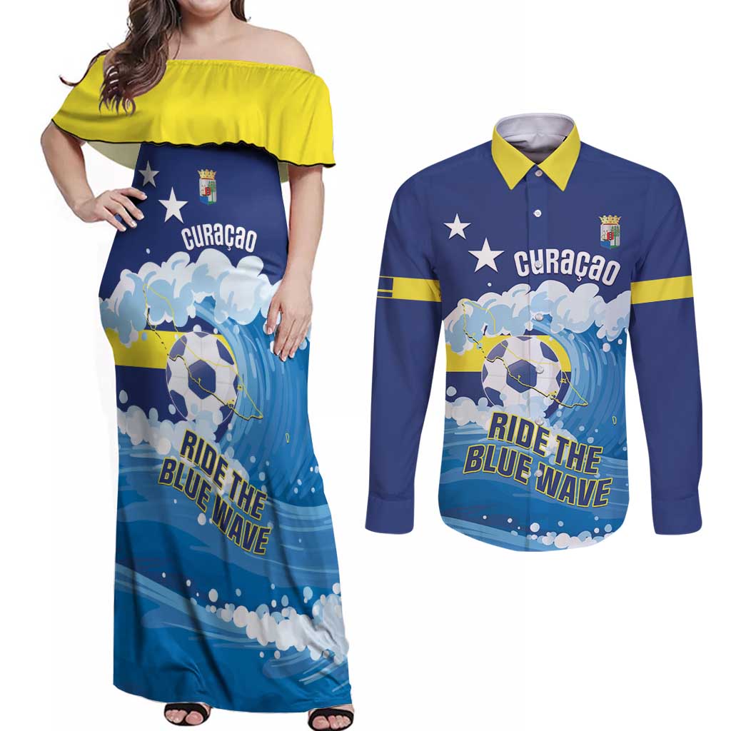 Personalized Curacao Football Couples Matching Off Shoulder Maxi Dress and Long Sleeve Button Shirt First-ever World Cup Ride The Blue Wave - Wonder Print Shop
