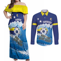 Personalized Curacao Football Couples Matching Off Shoulder Maxi Dress and Long Sleeve Button Shirt First-ever World Cup Ride The Blue Wave - Wonder Print Shop