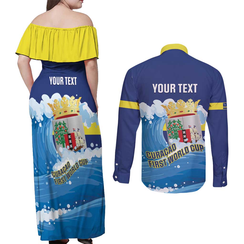 Personalized Curacao Football Couples Matching Off Shoulder Maxi Dress and Long Sleeve Button Shirt First-ever World Cup Ride The Blue Wave - Wonder Print Shop