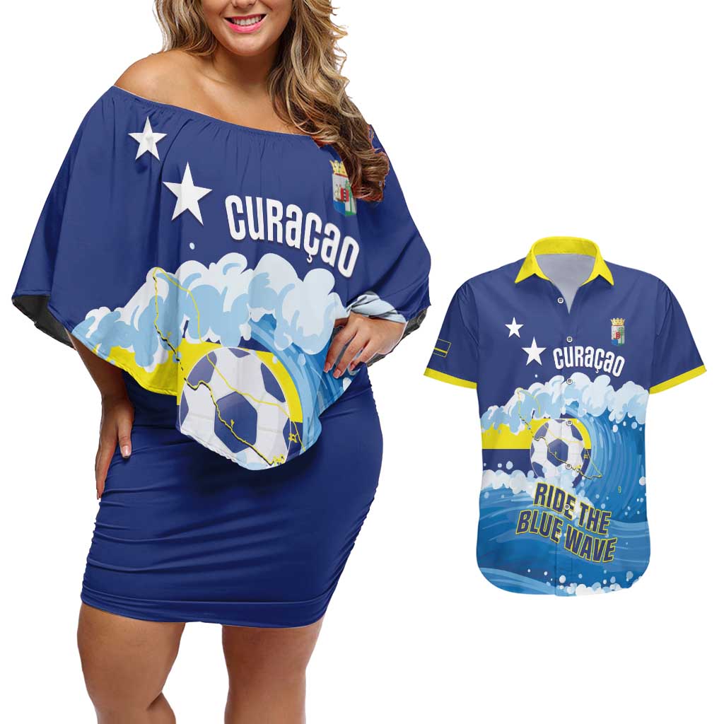 Personalized Curacao Football Couples Matching Off Shoulder Short Dress and Hawaiian Shirt First-ever World Cup Ride The Blue Wave - Wonder Print Shop