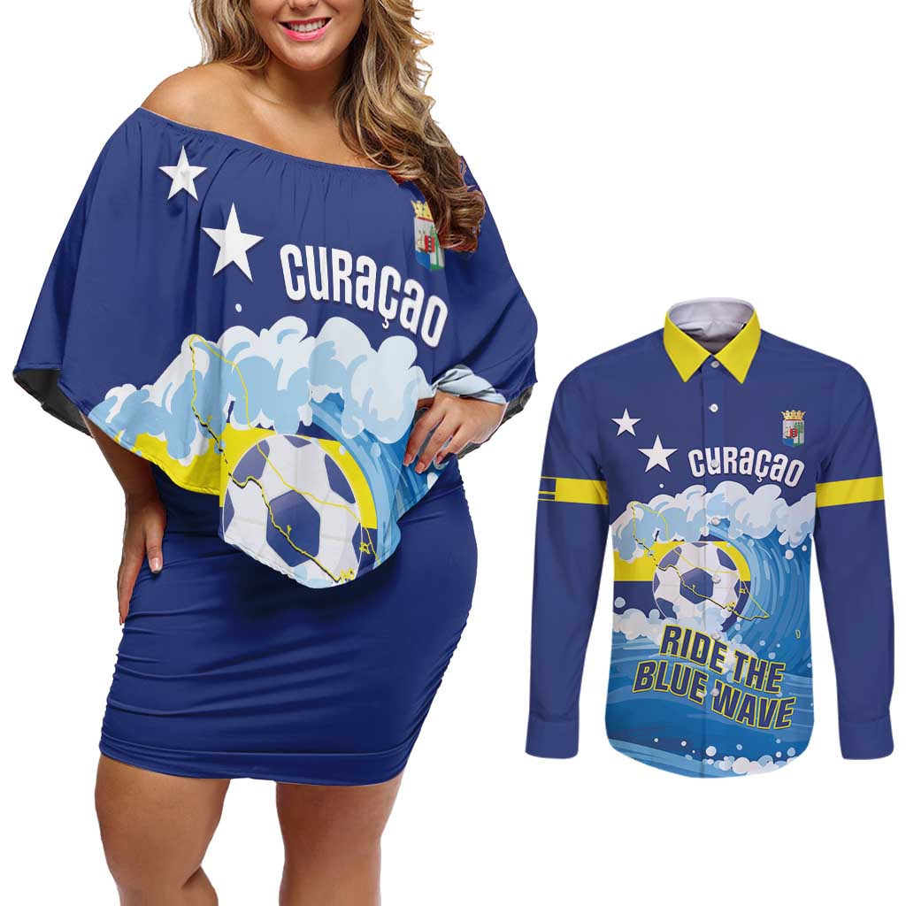 Personalized Curacao Football Couples Matching Off Shoulder Short Dress and Long Sleeve Button Shirt First-ever World Cup Ride The Blue Wave - Wonder Print Shop