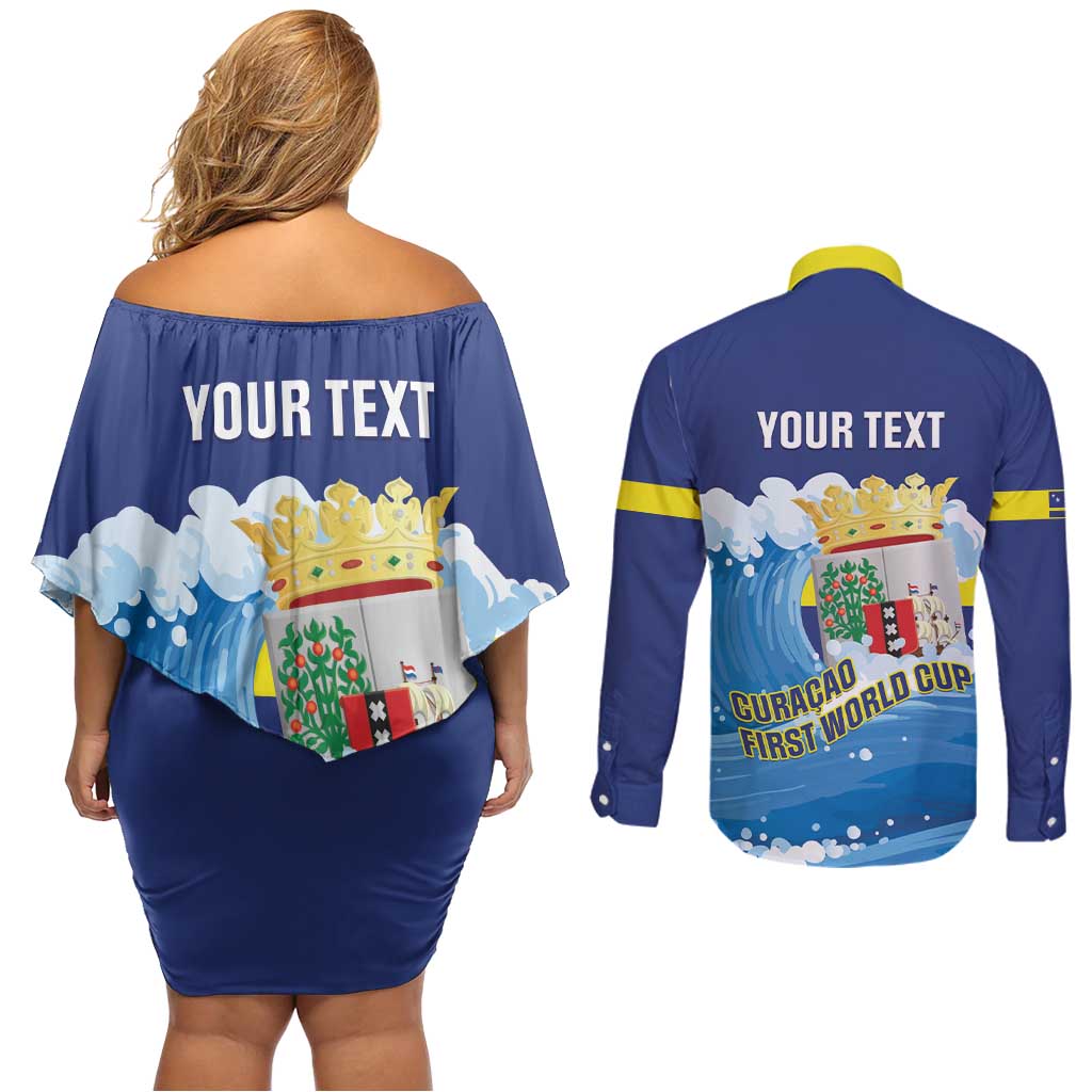 Personalized Curacao Football Couples Matching Off Shoulder Short Dress and Long Sleeve Button Shirt First-ever World Cup Ride The Blue Wave - Wonder Print Shop
