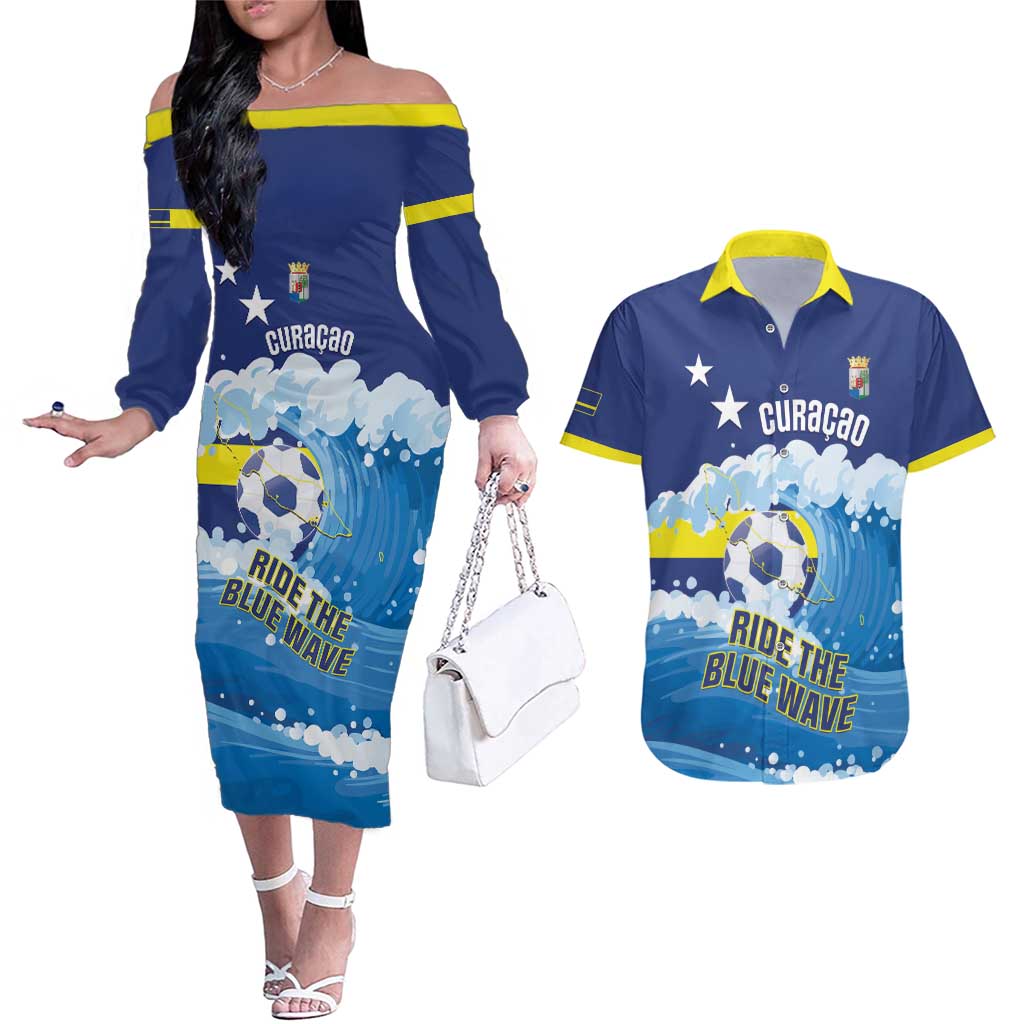 Personalized Curacao Football Couples Matching Off The Shoulder Long Sleeve Dress and Hawaiian Shirt First-ever World Cup Ride The Blue Wave - Wonder Print Shop