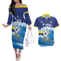Personalized Curacao Football Couples Matching Off The Shoulder Long Sleeve Dress and Hawaiian Shirt First-ever World Cup Ride The Blue Wave - Wonder Print Shop