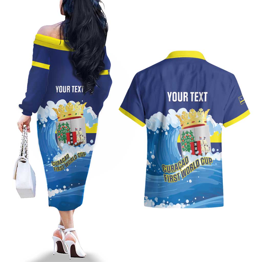 Personalized Curacao Football Couples Matching Off The Shoulder Long Sleeve Dress and Hawaiian Shirt First-ever World Cup Ride The Blue Wave - Wonder Print Shop