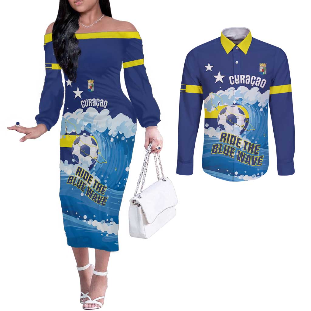 Personalized Curacao Football Couples Matching Off The Shoulder Long Sleeve Dress and Long Sleeve Button Shirt First-ever World Cup Ride The Blue Wave - Wonder Print Shop