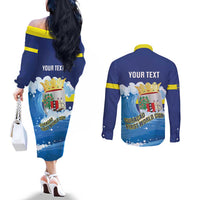 Personalized Curacao Football Couples Matching Off The Shoulder Long Sleeve Dress and Long Sleeve Button Shirt First-ever World Cup Ride The Blue Wave - Wonder Print Shop