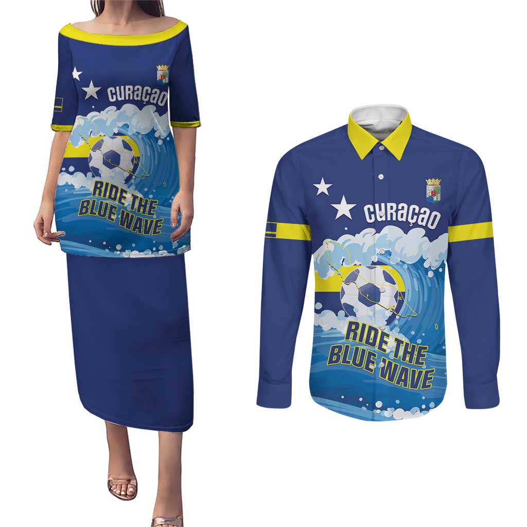 Personalized Curacao Football Couples Matching Puletasi and Long Sleeve Button Shirt First-ever World Cup Ride The Blue Wave - Wonder Print Shop