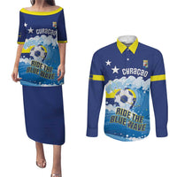 Personalized Curacao Football Couples Matching Puletasi and Long Sleeve Button Shirt First-ever World Cup Ride The Blue Wave - Wonder Print Shop