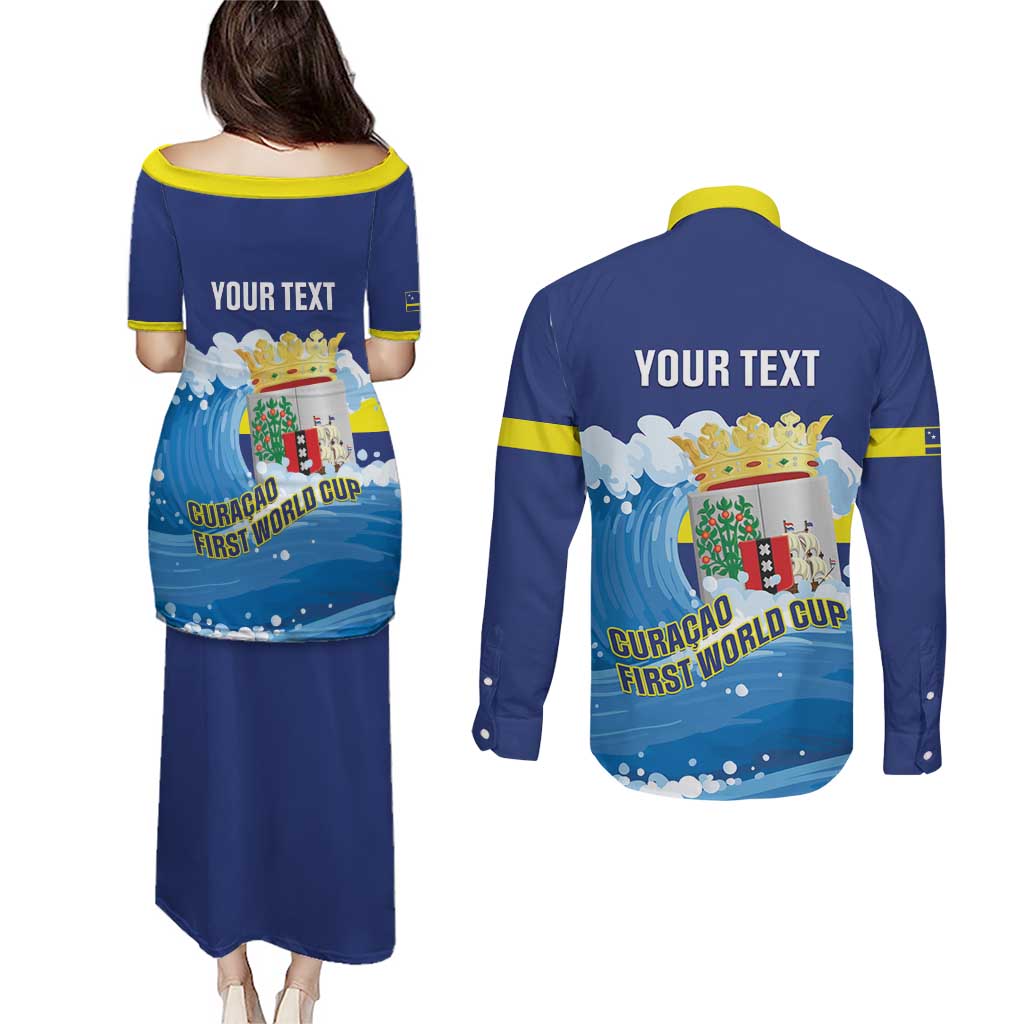 Personalized Curacao Football Couples Matching Puletasi and Long Sleeve Button Shirt First-ever World Cup Ride The Blue Wave - Wonder Print Shop