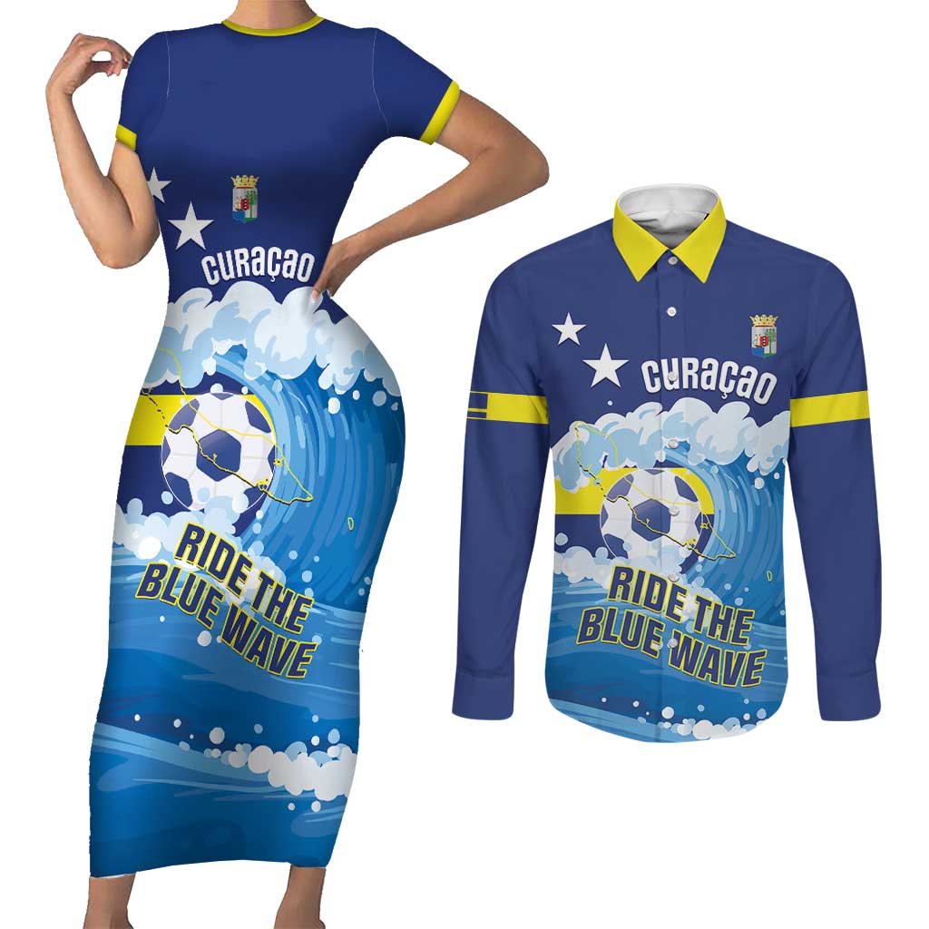 Personalized Curacao Football Couples Matching Short Sleeve Bodycon Dress and Long Sleeve Button Shirt First-ever World Cup Ride The Blue Wave - Wonder Print Shop