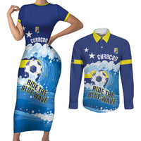 Personalized Curacao Football Couples Matching Short Sleeve Bodycon Dress and Long Sleeve Button Shirt First-ever World Cup Ride The Blue Wave - Wonder Print Shop