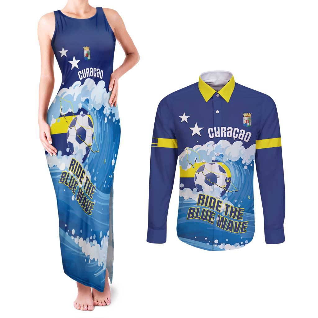 Personalized Curacao Football Couples Matching Tank Maxi Dress and Long Sleeve Button Shirt First-ever World Cup Ride The Blue Wave - Wonder Print Shop