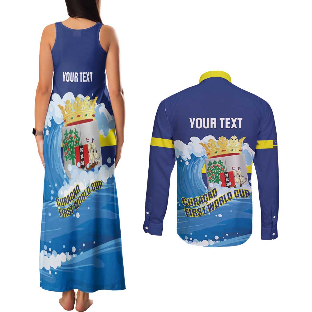 Personalized Curacao Football Couples Matching Tank Maxi Dress and Long Sleeve Button Shirt First-ever World Cup Ride The Blue Wave - Wonder Print Shop