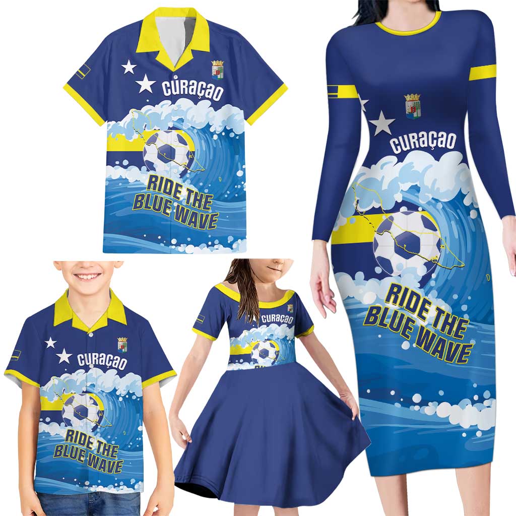 Personalized Curacao Football Family Matching Long Sleeve Bodycon Dress and Hawaiian Shirt First-ever World Cup Ride The Blue Wave - Wonder Print Shop