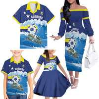 Personalized Curacao Football Family Matching Off The Shoulder Long Sleeve Dress and Hawaiian Shirt First-ever World Cup Ride The Blue Wave - Wonder Print Shop