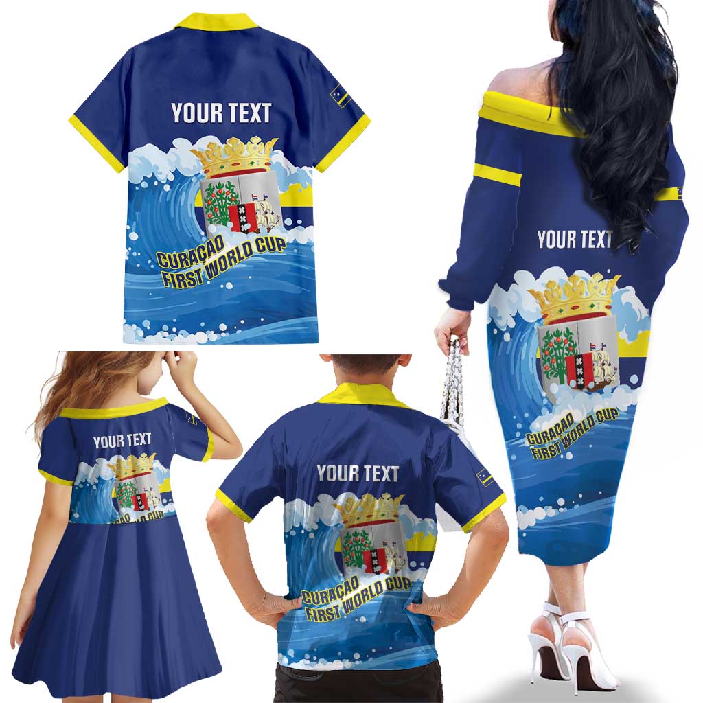 Personalized Curacao Football Family Matching Off The Shoulder Long Sleeve Dress and Hawaiian Shirt First-ever World Cup Ride The Blue Wave - Wonder Print Shop