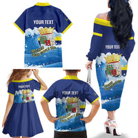 Personalized Curacao Football Family Matching Off The Shoulder Long Sleeve Dress and Hawaiian Shirt First-ever World Cup Ride The Blue Wave - Wonder Print Shop