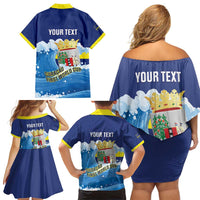 Personalized Curacao Football Family Matching Off Shoulder Short Dress and Hawaiian Shirt First-ever World Cup Ride The Blue Wave - Wonder Print Shop