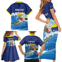 Personalized Curacao Football Family Matching Short Sleeve Bodycon Dress and Hawaiian Shirt First-ever World Cup Ride The Blue Wave - Wonder Print Shop