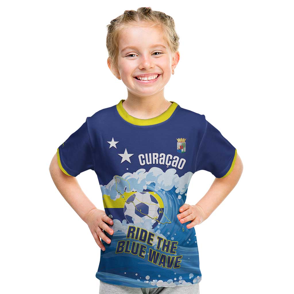 Personalized Curacao Football Kid T Shirt First-ever World Cup Ride The Blue Wave - Wonder Print Shop