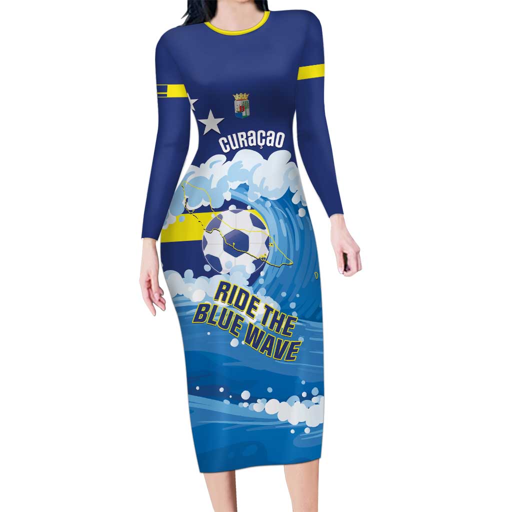 Personalized Curacao Football Long Sleeve Bodycon Dress First-ever World Cup Ride The Blue Wave - Wonder Print Shop