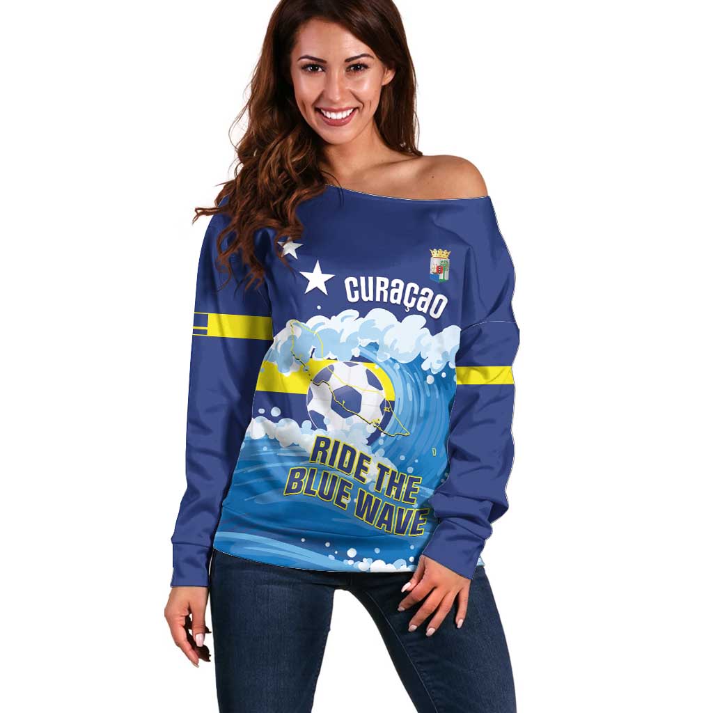 Personalized Curacao Football Off Shoulder Sweater First-ever World Cup Ride The Blue Wave - Wonder Print Shop
