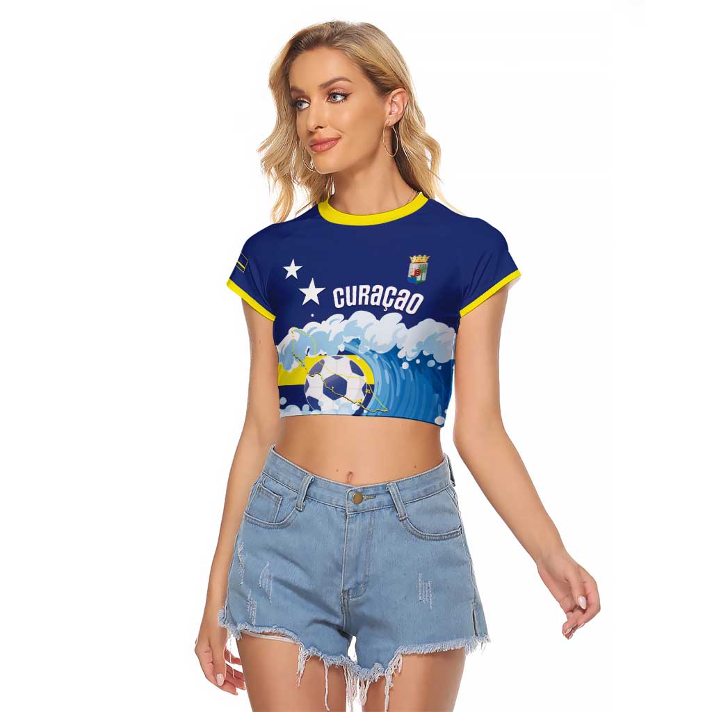 Personalized Curacao Football Raglan Cropped T Shirt First-ever World Cup Ride The Blue Wave - Wonder Print Shop