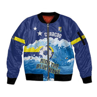 Personalized Curacao Football Sleeve Zip Bomber Jacket First-ever World Cup Ride The Blue Wave - Wonder Print Shop