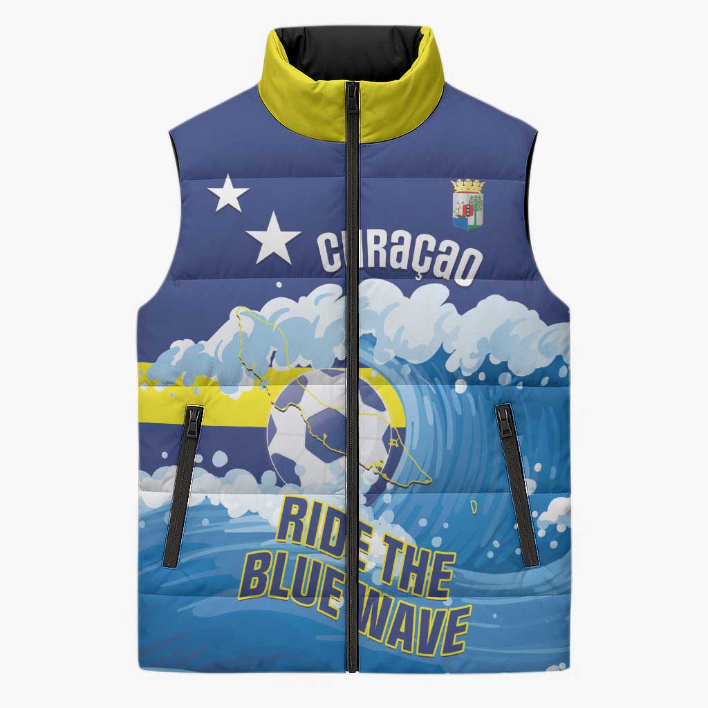 Personalized Curacao Football Sleeveless Puffer Jacket First-ever World Cup Ride The Blue Wave - Wonder Print Shop