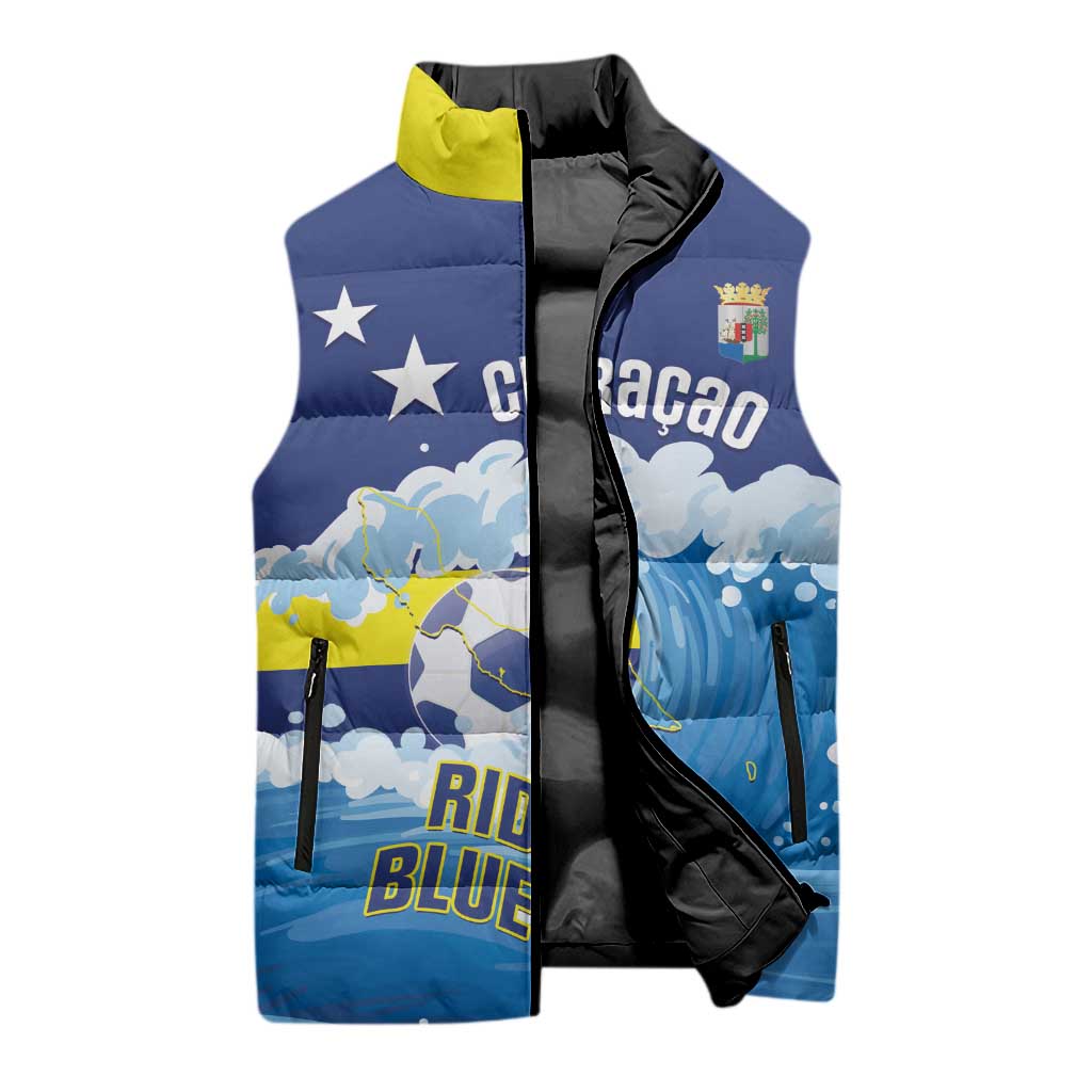 Personalized Curacao Football Sleeveless Puffer Jacket First-ever World Cup Ride The Blue Wave - Wonder Print Shop