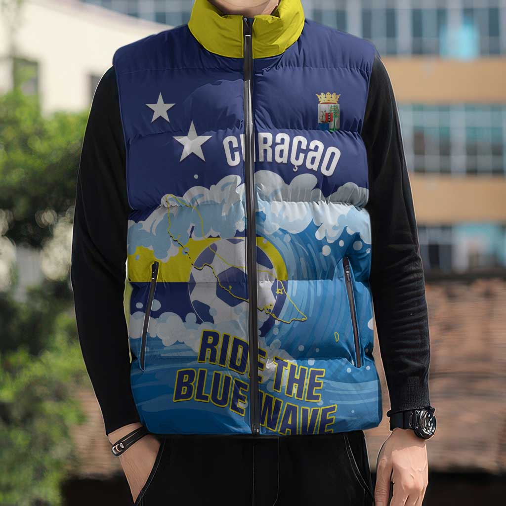 Personalized Curacao Football Sleeveless Puffer Jacket First-ever World Cup Ride The Blue Wave - Wonder Print Shop