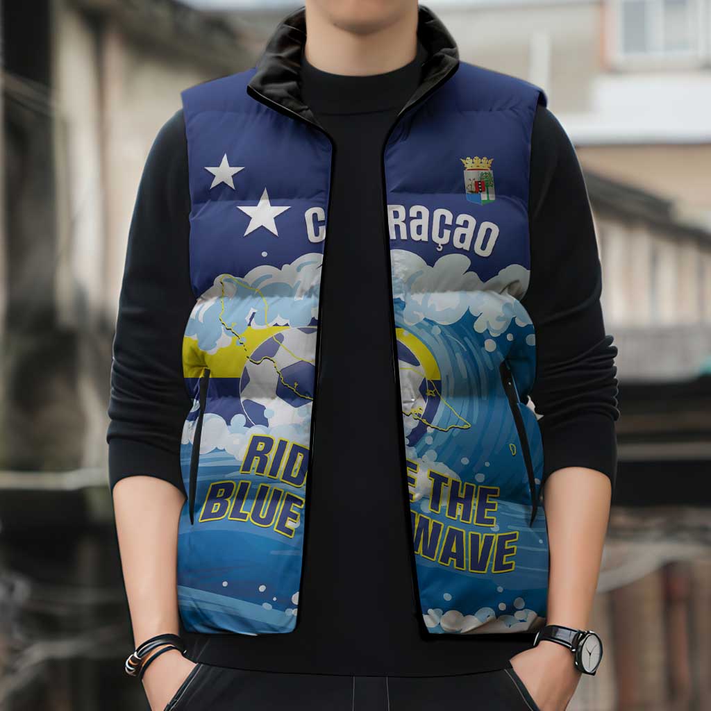 Personalized Curacao Football Sleeveless Puffer Jacket First-ever World Cup Ride The Blue Wave - Wonder Print Shop