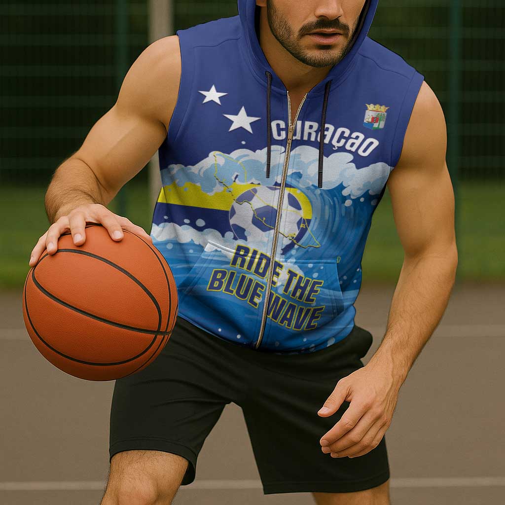 Personalized Curacao Football Sleeveless Zip Hoodie First-ever World Cup Ride The Blue Wave - Wonder Print Shop