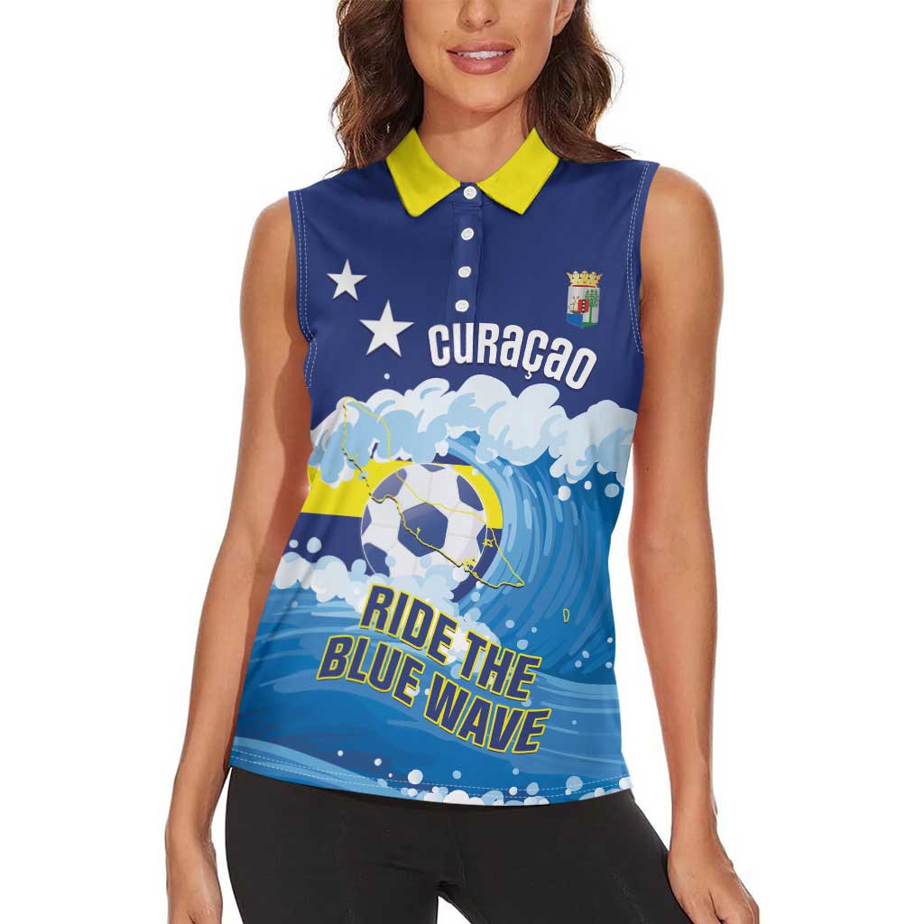 Personalized Curacao Football Women Sleeveless Polo Shirt First-ever World Cup Ride The Blue Wave - Wonder Print Shop