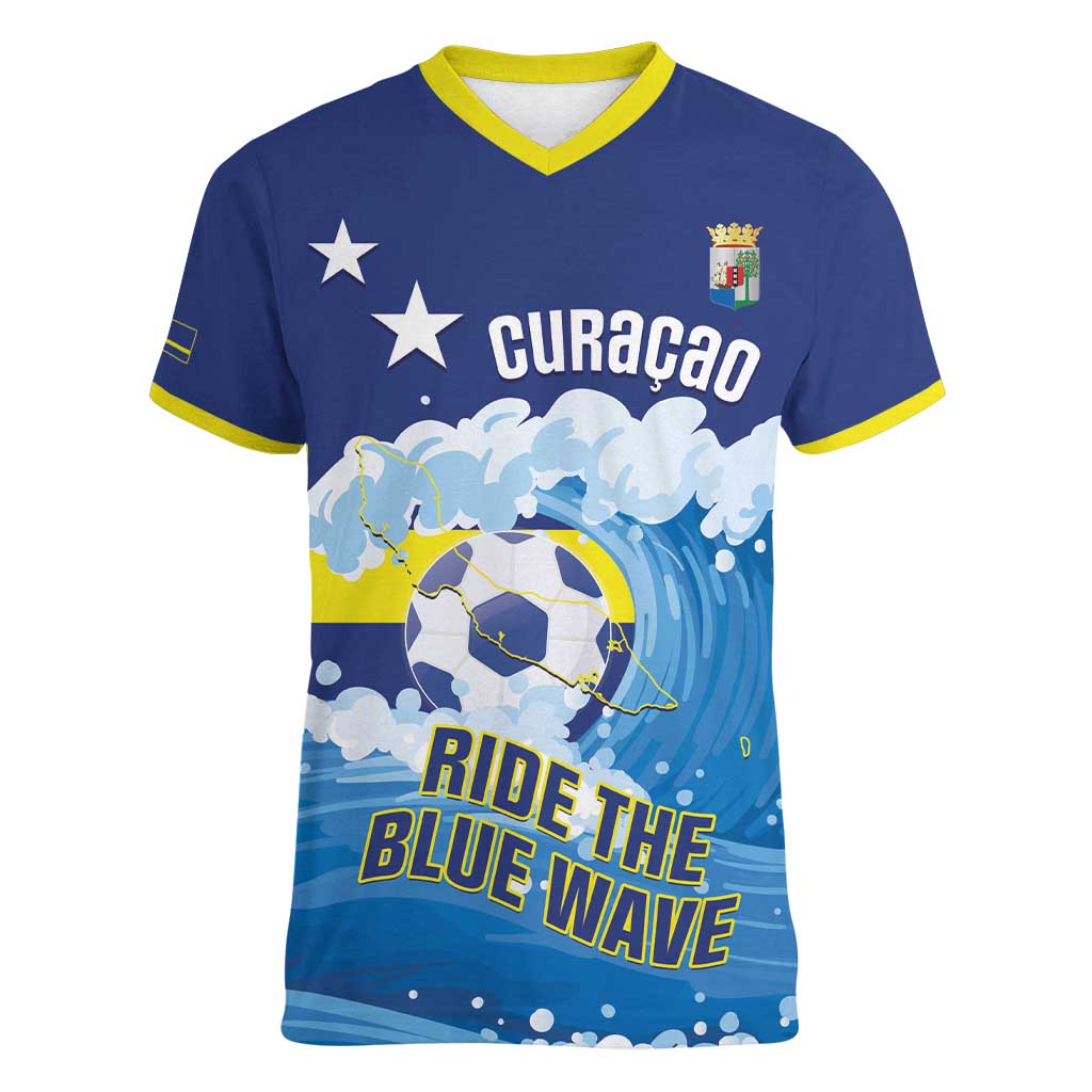 Personalized Curacao Football Women V-Neck T-Shirt First-ever World Cup Ride The Blue Wave - Wonder Print Shop
